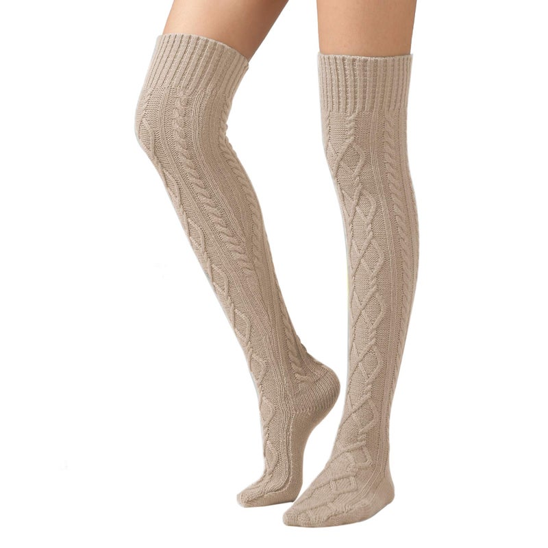 SherryDC Women's Cable Knit Boot Stockings Extra Long Thigh High Leg Warmers Winter Floor Socks Beige - Image 1